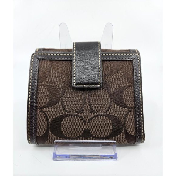 Coach Dark Chocolate Brown Signature Canvas Leather Tri-Fold Snap Wallet - Picture 2 of 13